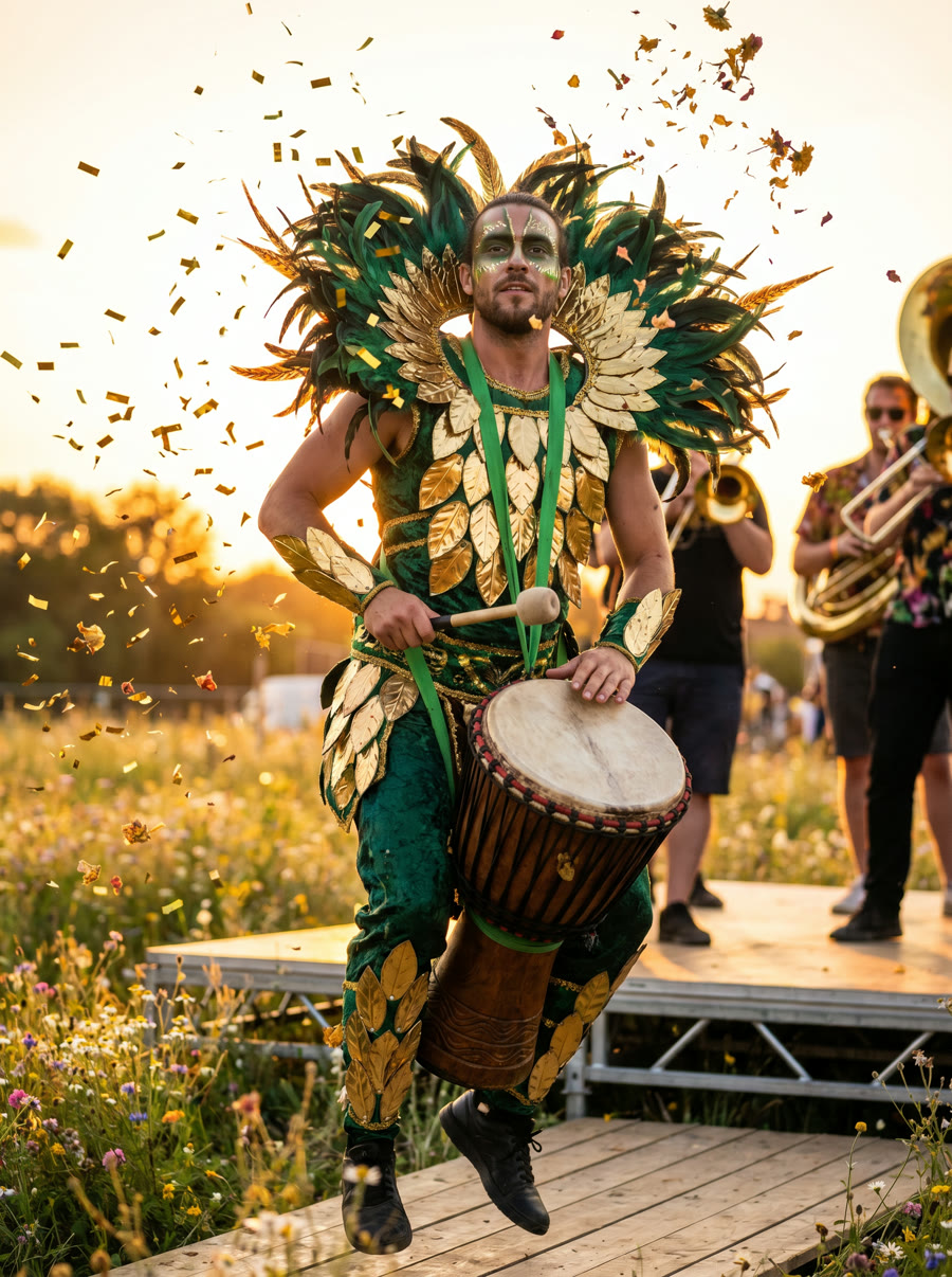 Drummer in green and gold carnival regalia playing a djembe