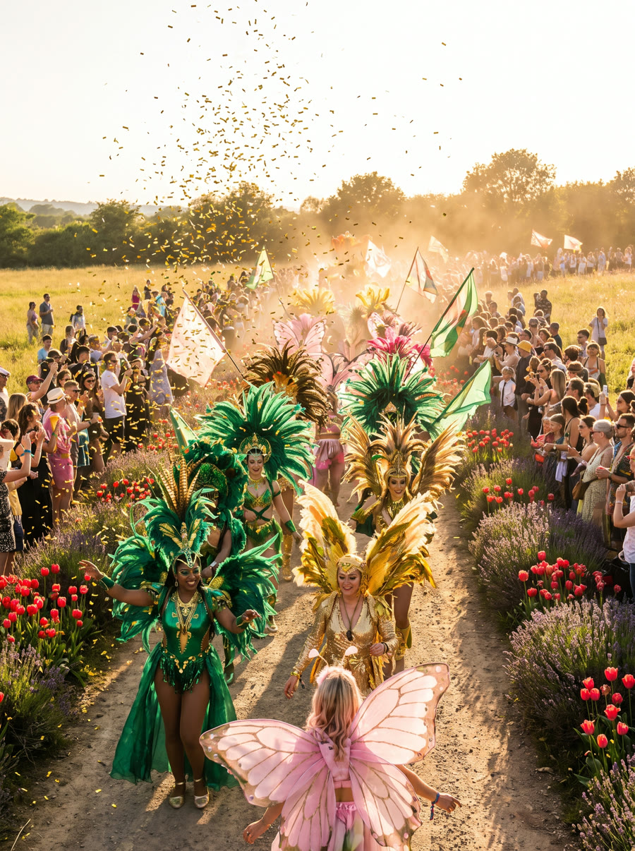 Carnival band in green, gold and pink costumes parading through a wildflower meadow